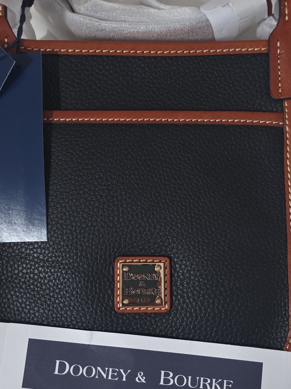 Dooney & Bourke Black Pebbled Leather Tote with Brown Trim